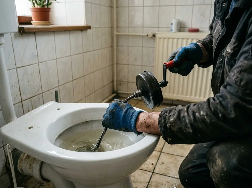 Szakember kesztyűs keze kézi spirállal tisztítja a WC-csészét egy csempés fürdőszobában